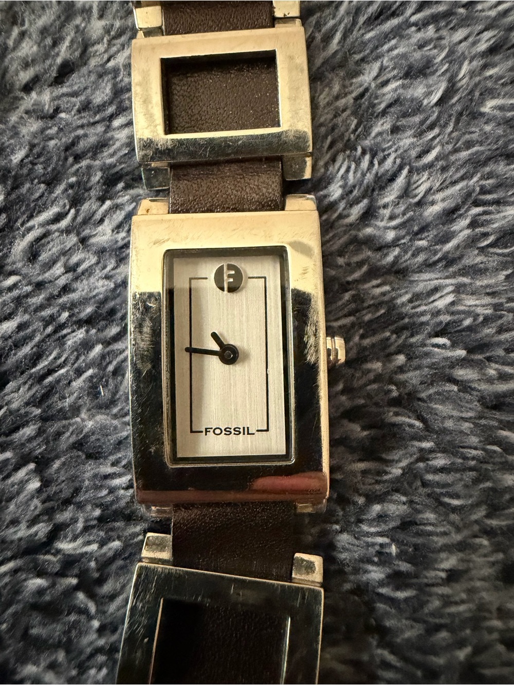 Fossil Rectangular Dial Silver Tone and Brown Leather Link Bracelet Watch
